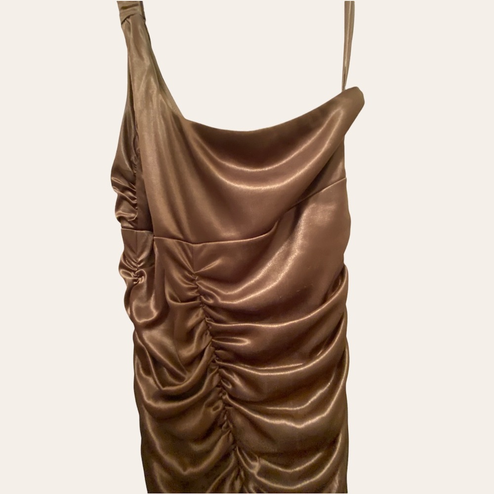Poly 👗One Shoulder Brown Copper Color Dress - Picture 1 of 8